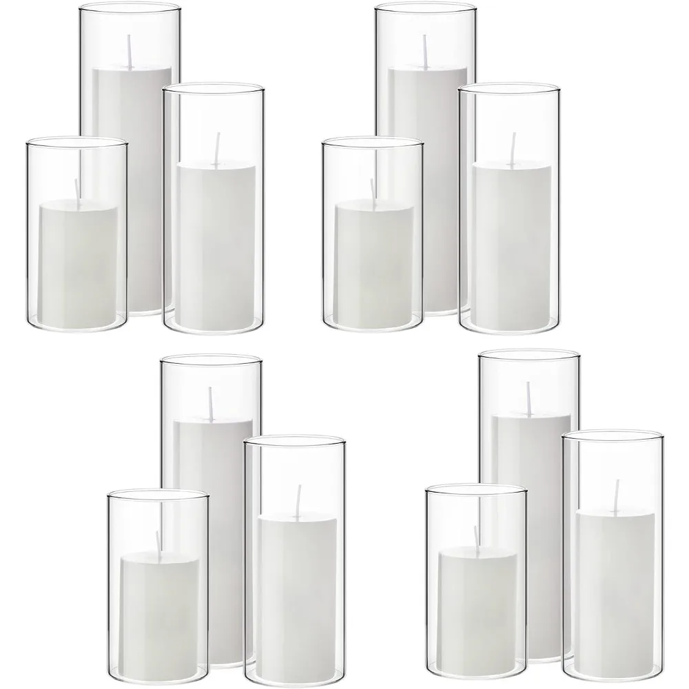 

Centerpiece Set of 12 White Pillar Candles and Glass Cylindrical Vase Candle Holder Home Decoration Holders Decor Garden