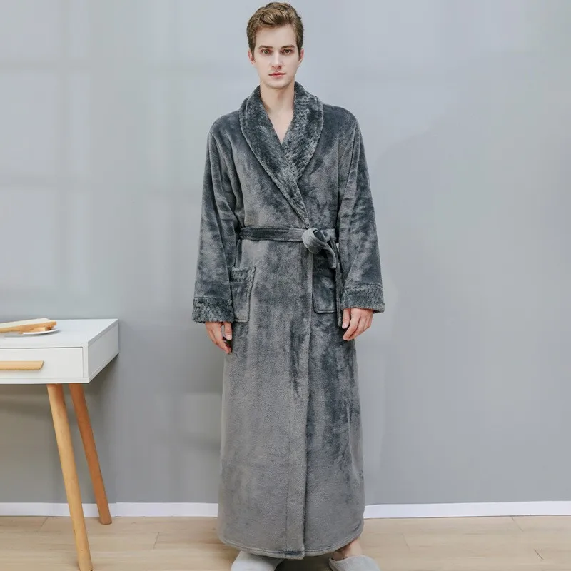 Mens Autumn and Winter Warm Long Coral Velvet Thick Couple Bathrobe Mens Pajamas Bathrobe Adult Bath Towel
