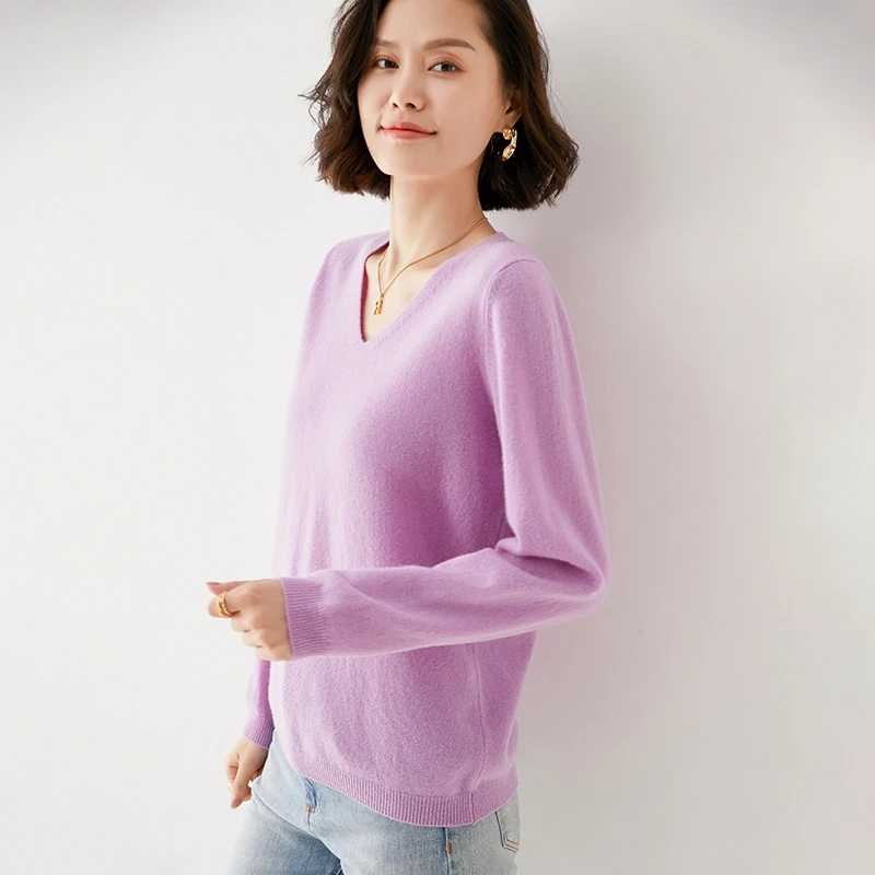 Women's 100% Pure Wool V-Neck Loose Pullover Sweater Basic Style All-Match Knitted Sweater women sweater