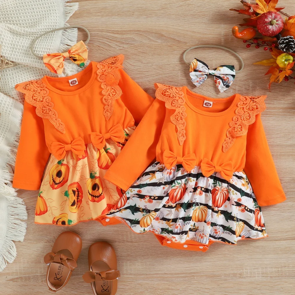 Baywell Baby Girls Halloween Clothes Pumpkin Jumpsuit + Hair Band Set 2 Pcs  Toddler Fashion Bodysuit 6-24 Months