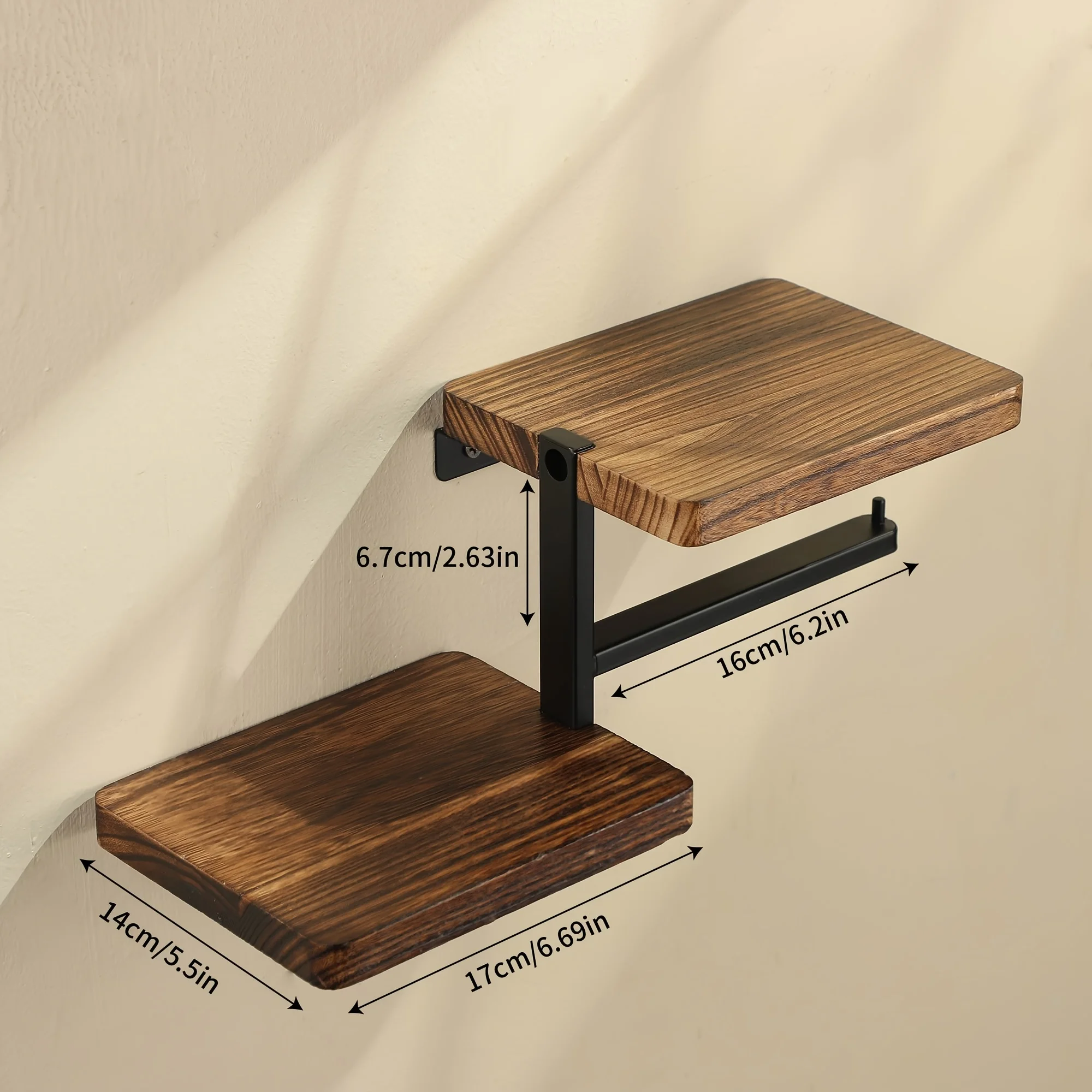 Wooden toilet paper holder with shelf showing brown wood finish and bathroom styling
