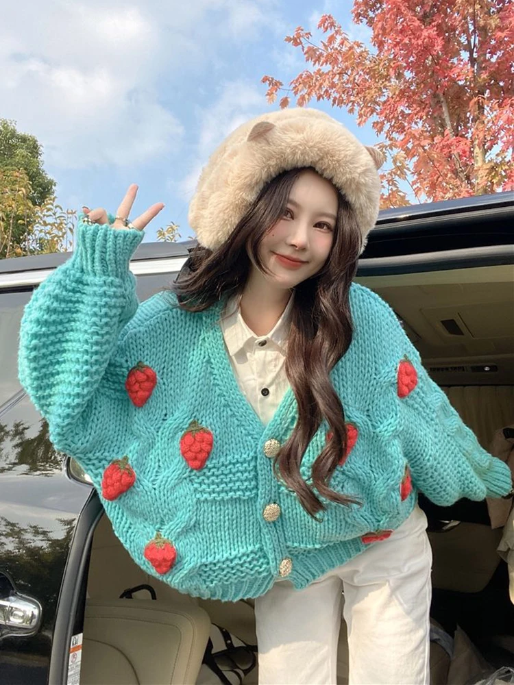 Zoki 3D Strawberry Sweet Cardigan Women Loose Long Sleeve Fashion