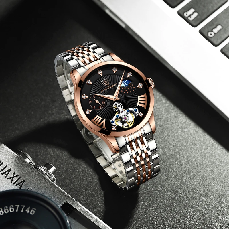 POEDAGAR Men Watches Stainless Steel Leather Strap Fashion New Rose Gold  Wristwatch Waterproof Luminous Quartz Watches Relogio Masculino