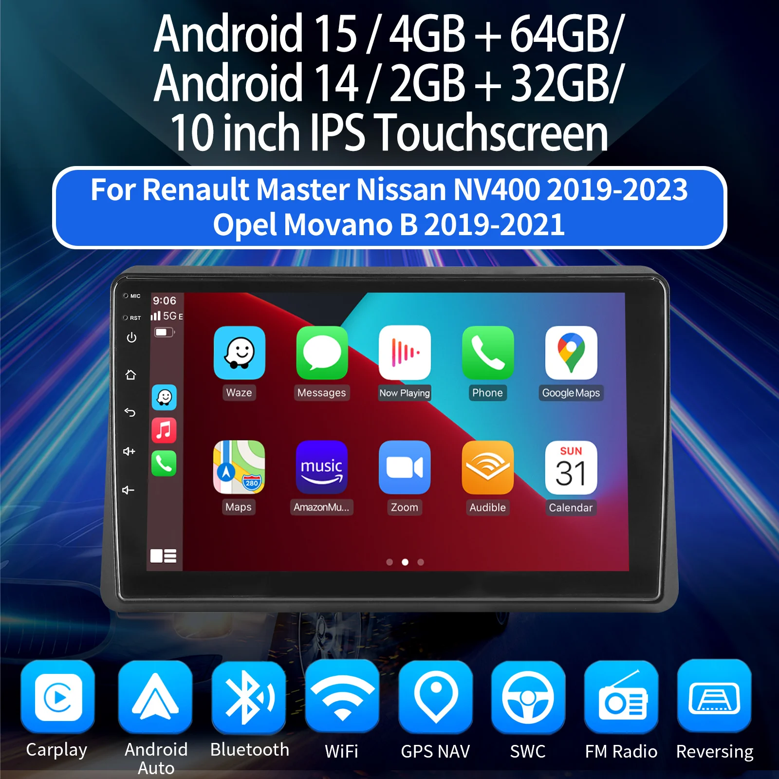 ESSGOO Autoradio Android15 10" 4+64 GB / Android14 für Renault Master III Nissan NV400 Opel Movano B GPS Navigation Wireless CarPlay WiFi RDS FM Bluetooth Android Auto Lenkradsteuerung Touchscreen – Detail 2
