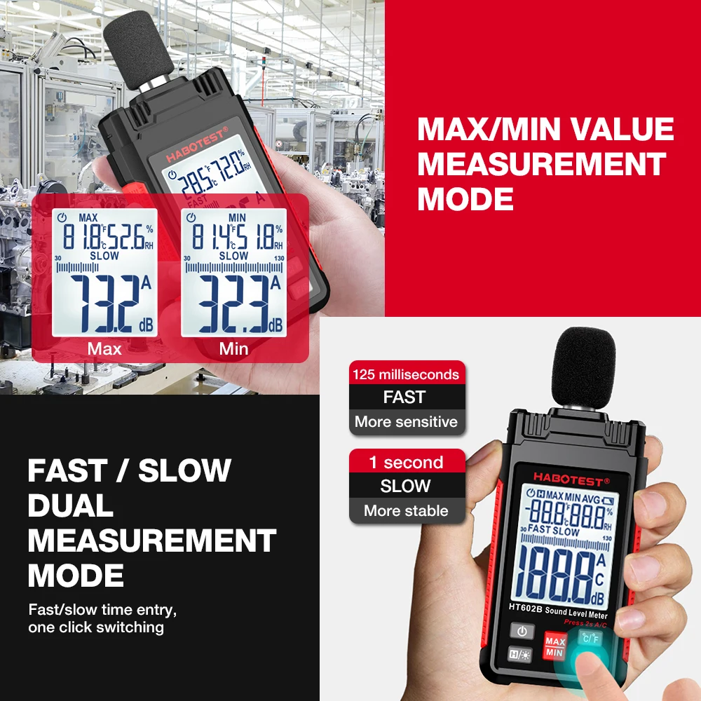 HABOTEST HT602 Sound Meter Audio Level Meter Sonometro Sound Meter Decibelimetro 30-130dB Decibel Meter Portable Noise Meter 3