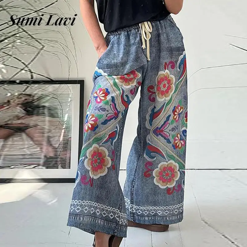 

Women Casual Pocket Trousers 2024 Summer Fashion Hight Waist Denim Pant Elegant Print Elastic Waist Drawstring Tie-up Long Pant