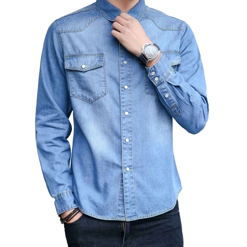 Men's Autumn Trendy Slim Fit Long Sleeve Denim Shirt Pure Cotton denim shirt,long sleeved shirt