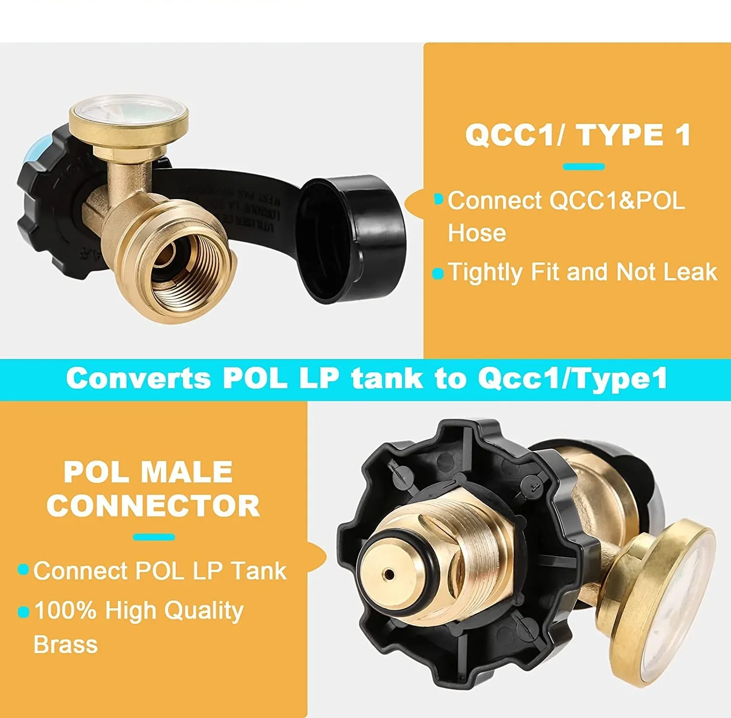 Adaptateur Réservoir Propane POL Vers QCC1 - Laiton Avec 10 Joints Toriques | Pour Camping, BBQ, Cuisine Extérieure