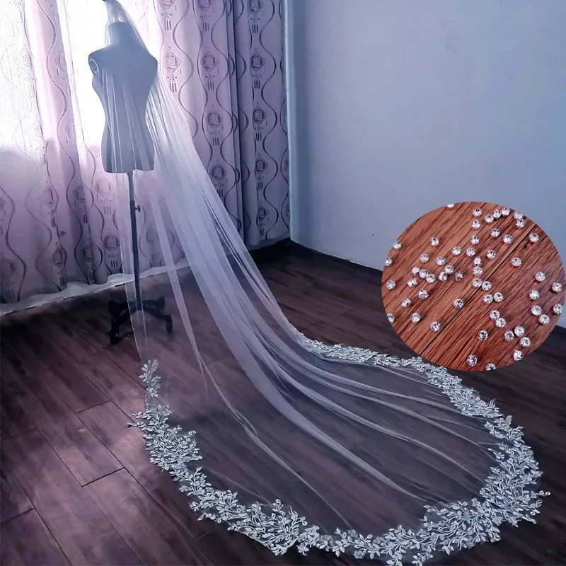 Voile De Mariée En Dentelle à Bord Complet De 4 Mètres De Long, Une Couche En Tulle, Avec Peigne, Accessoires De Mariage