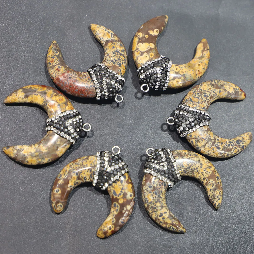 Free Shipping Natural Stone Crescent Horn Encrusting Diamond Pendant Necklace Fashion Reiki Jewelry Accessories Wholesale 6P/Lot
