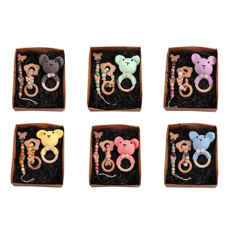 

3pcs/set Baby Rattle Wooden Crochet Bear Bells Music Teething Bracelet Pacifier Clips Gym for Play Baby Toy 40JC