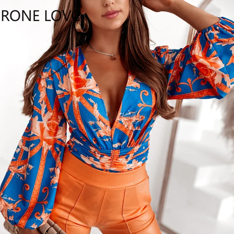 

Women Casual Long Lantern Sleeves V Neck Sall Over Print Sexy Blouses Tops