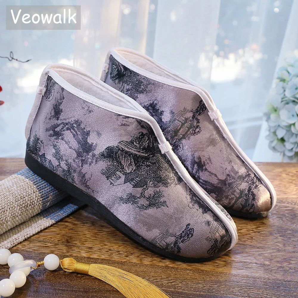 

Женские Теплые ботильоны Veowalk, короткие зимние ботинки на искусственном меху, с чернильным принтом, без застежки, на плоской подошве