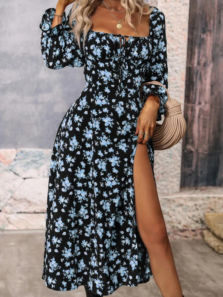

Floral Print Dresses Women Long Sleeve Lace Up Side Split Long Dress Ladies Vintage Backless Boho Beach Party Holiday Vestidos