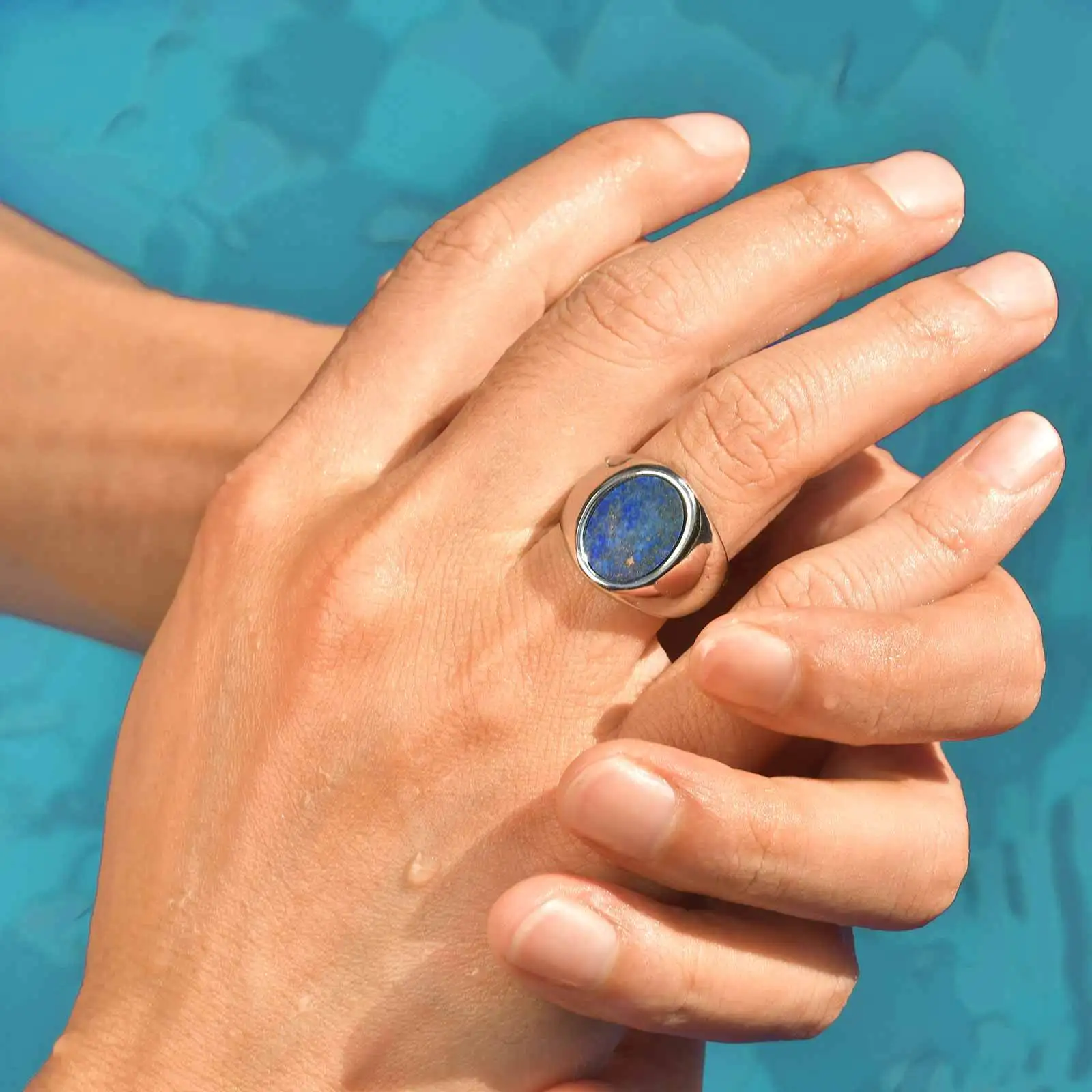 Wasserdichter ovaler Naturstein-Ring für Männer und Jungen, Lapislazuli-Stempelring aus Edelstahl, Daumenring, Punk-Geburtstagsparty-Geschenk – Detail 2