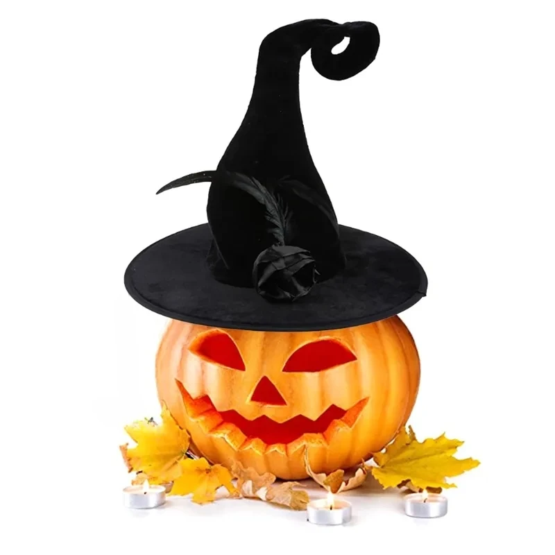 

Halloween Wide Brim Point Witch Cap Devil Hat Cosplay Props Rose Flower Feather Decors Accessories Masquerade Event Party Hats