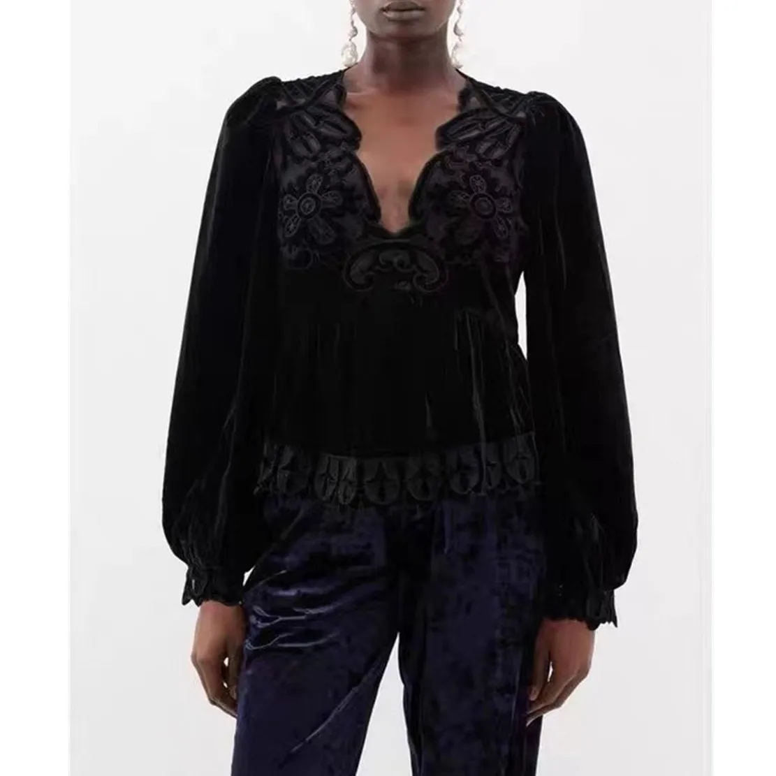 Maxdutti Fashion Spring Blouse Ladies Vintage Silk Mesh Edge Velvet High Quality Embroidered V-neck Bubble Sleeve Shirt Women spring summer new small floral cross knot headband fresh sweet printed wide edge sequin mesh hair accessories