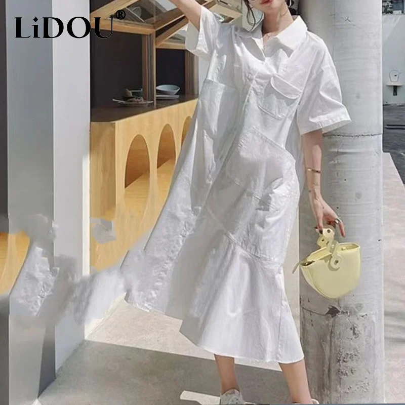 

Summer New Solid Color POLO Collar Short Sleeve Shirt Dresses Women Fashion High Street Single Breasted Pocket Loose Midi Dress