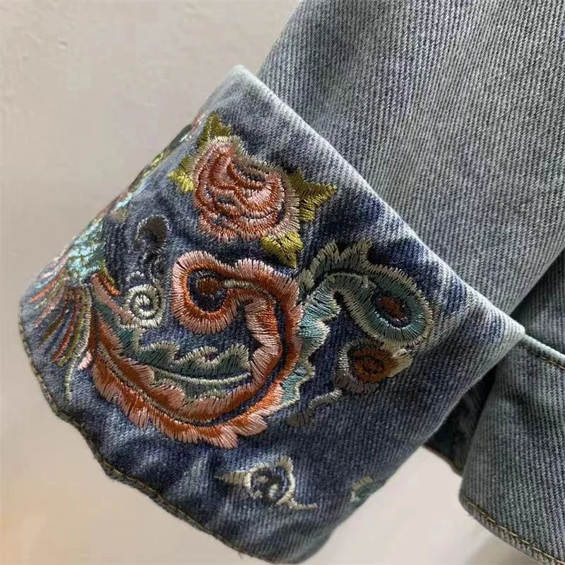 Spring Autumn Chinese Vintage Ethnic Disc Buckle Stand Collar Casual Denim Long-Sleeve Embroidery Jacket