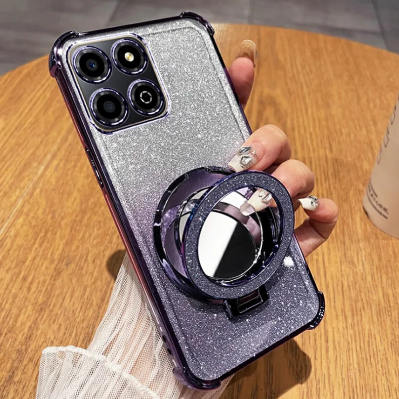 Airbag Glitter Shockproof Silicone Phone Case with Mirror Magnetic Holder and Stand