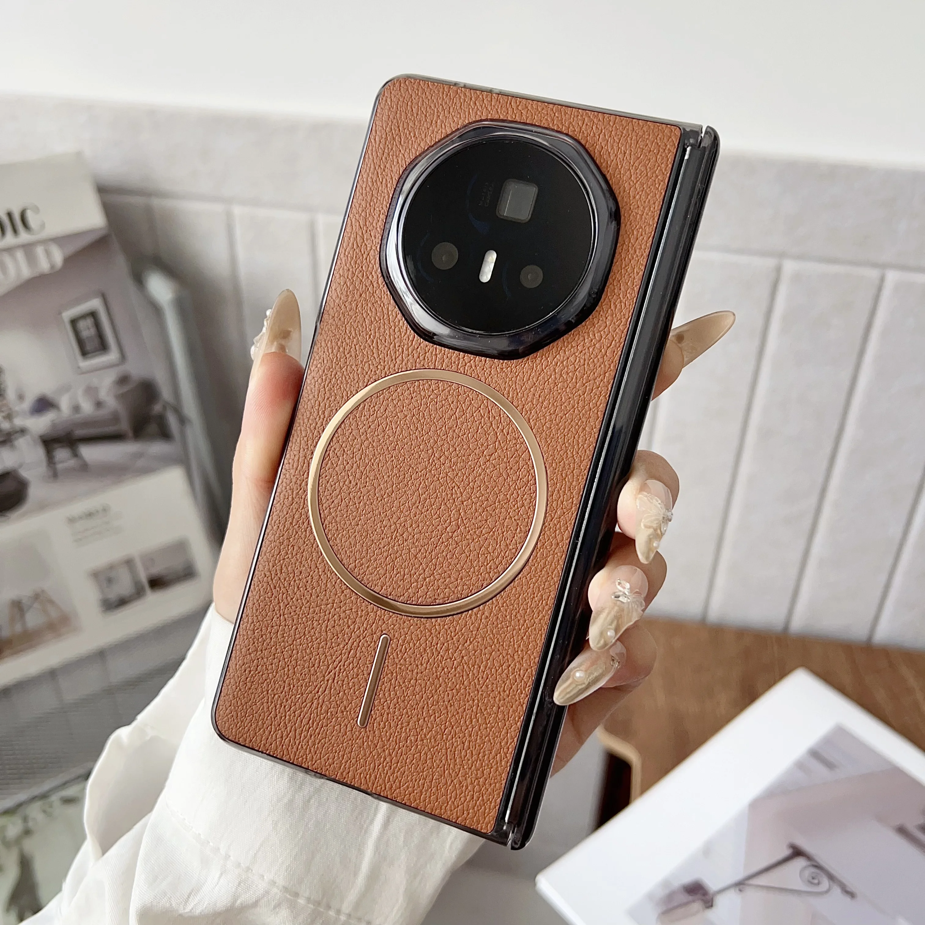 Premium Hard PU Leather Magnetic Protective Case - Wireless Charging Compatible Cover