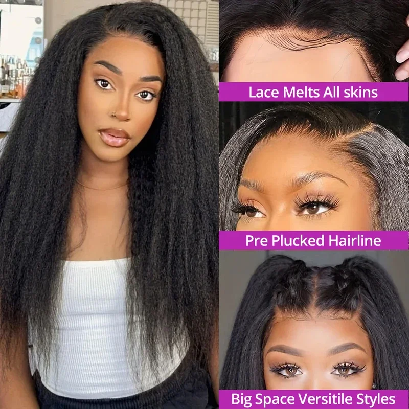 Kinky Straight Human Hair Half Wig 250 Density Natural Black Brazilian Hair Wigs wear and go Drawstring wig Flip over half wig