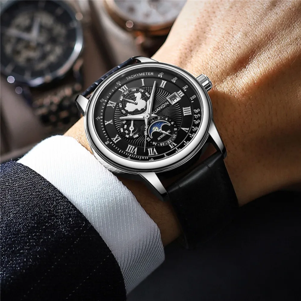 GUANQIN Reloj de pulsera mecánico de cuero luminoso con cristal de zafiro y fase lunar para hombre, relojes deportivos, reloj de pulsera automático multifunción_voghion.com