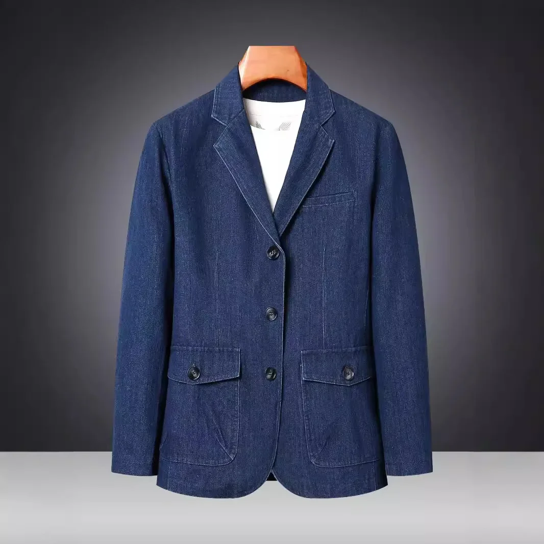 Denim Western-Style Suit Men's Casual Business Attire Midlife and Elderly Father's Clothing Lapel Top Loose Fit Plus Size