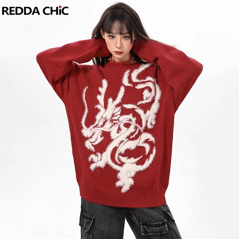 

ReddaChic Zodiac Dragon Red Pullover Sweater Women Fall Winter Casual Oversize Long Sleeves Jumper Top Festival Vintage Knitwear