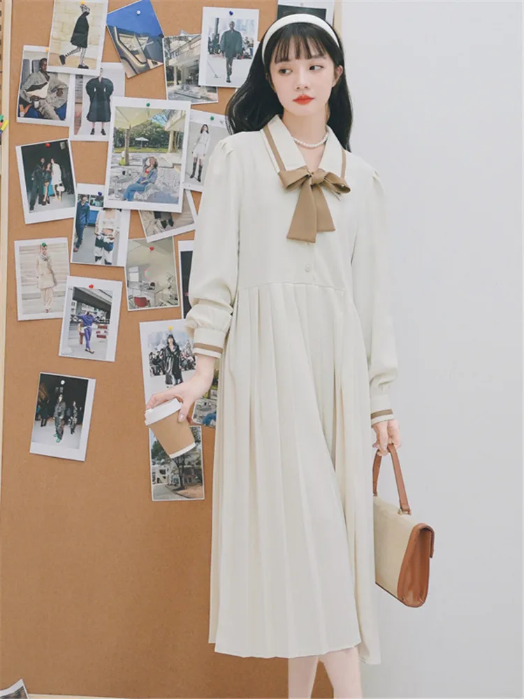 

Preppy Style Pleated Dress Women 2023 Spring New Korean Style Long Sleeve Bow Elegant Vintage Sweet Maxi Dresses for Woman 2105