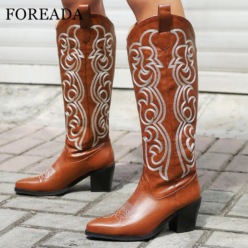 

FOREADA Women Knee High Cowboy Long Boots Round Toe Block High Heels Embroidery Western Gogo Boots Lady Fashion Shoes Winter 43