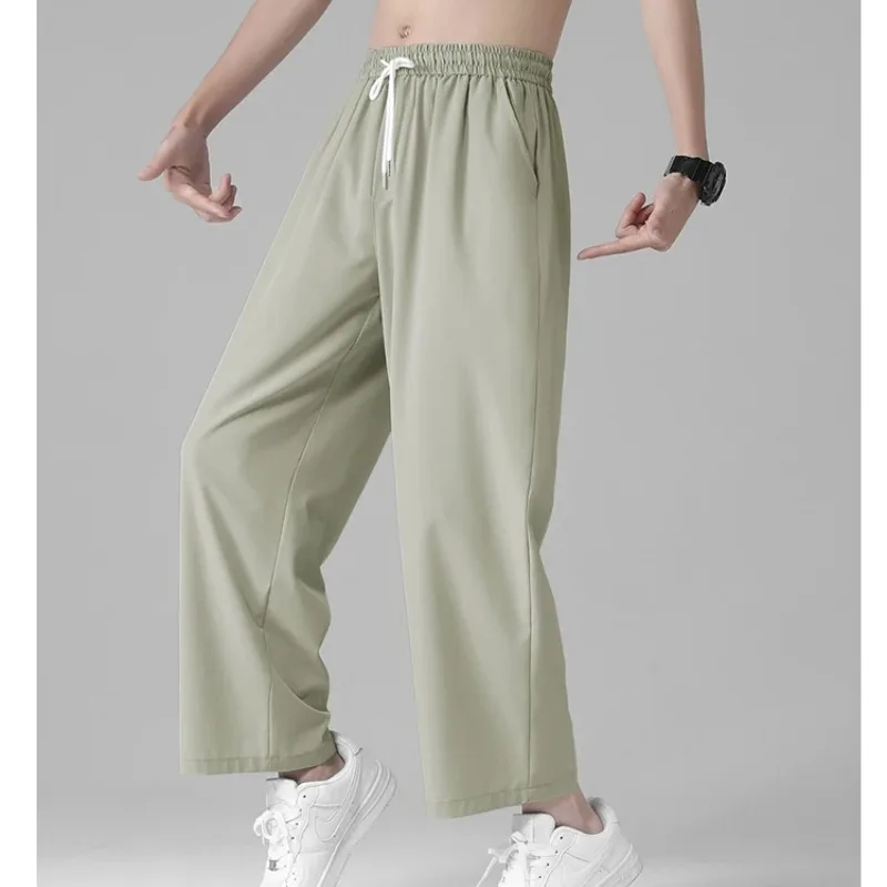 Men's Spring Autumn Bandage Solid Drawstring Elastic High Waist Pockets Wide Leg Casual Sports Loose Trousers Office Lady Pants