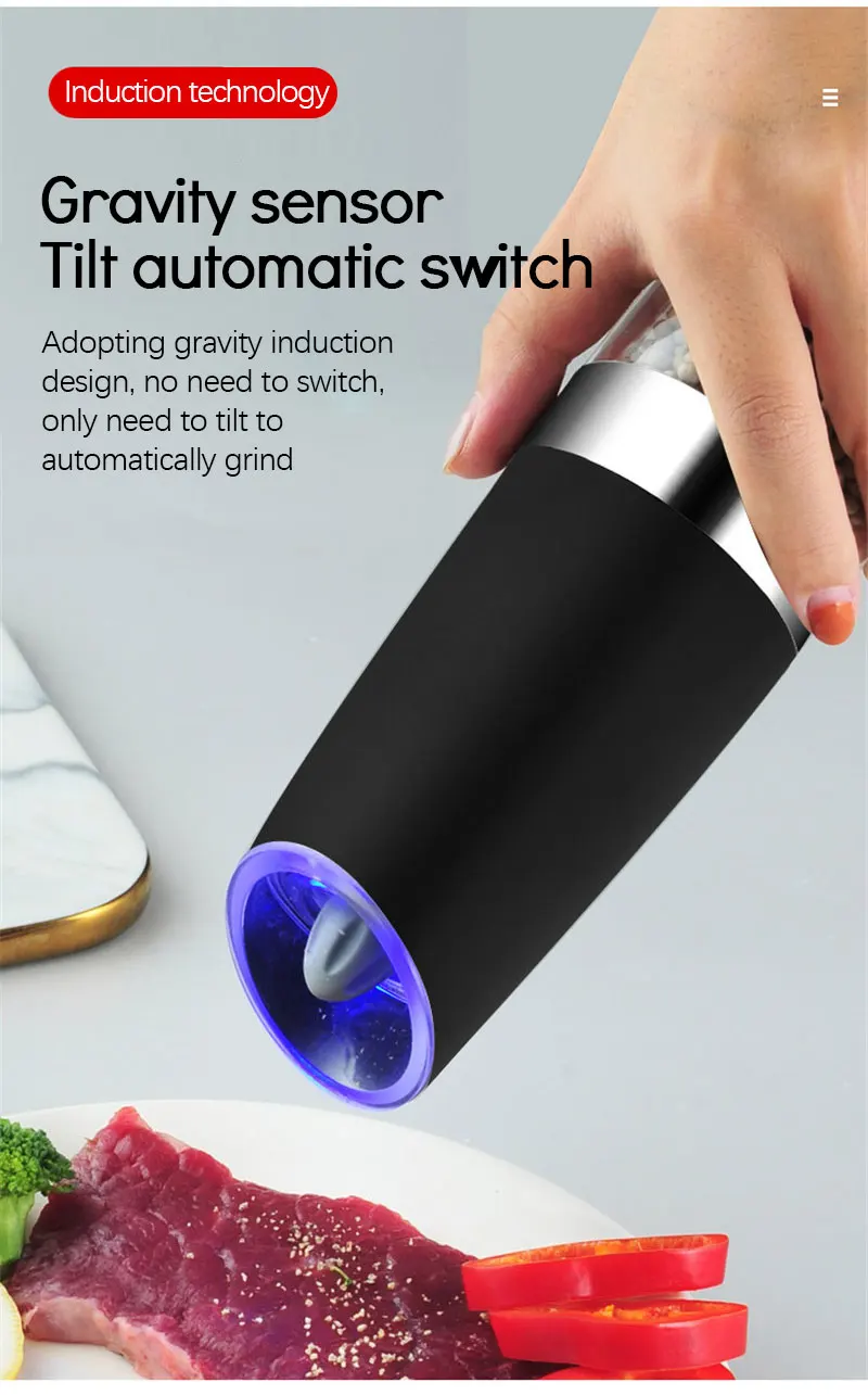 Description Picture 6 of itemElectric Pepper Mill Gravity Induction Automatic Salt Pepper Grinder Adjustable Thickness One Handed Operation Spice Grinder