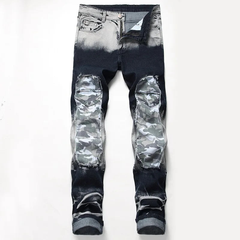 

Men's fashion jeans trendyol streetwear Punk motorcycle ripped stacked patchwork male jeans