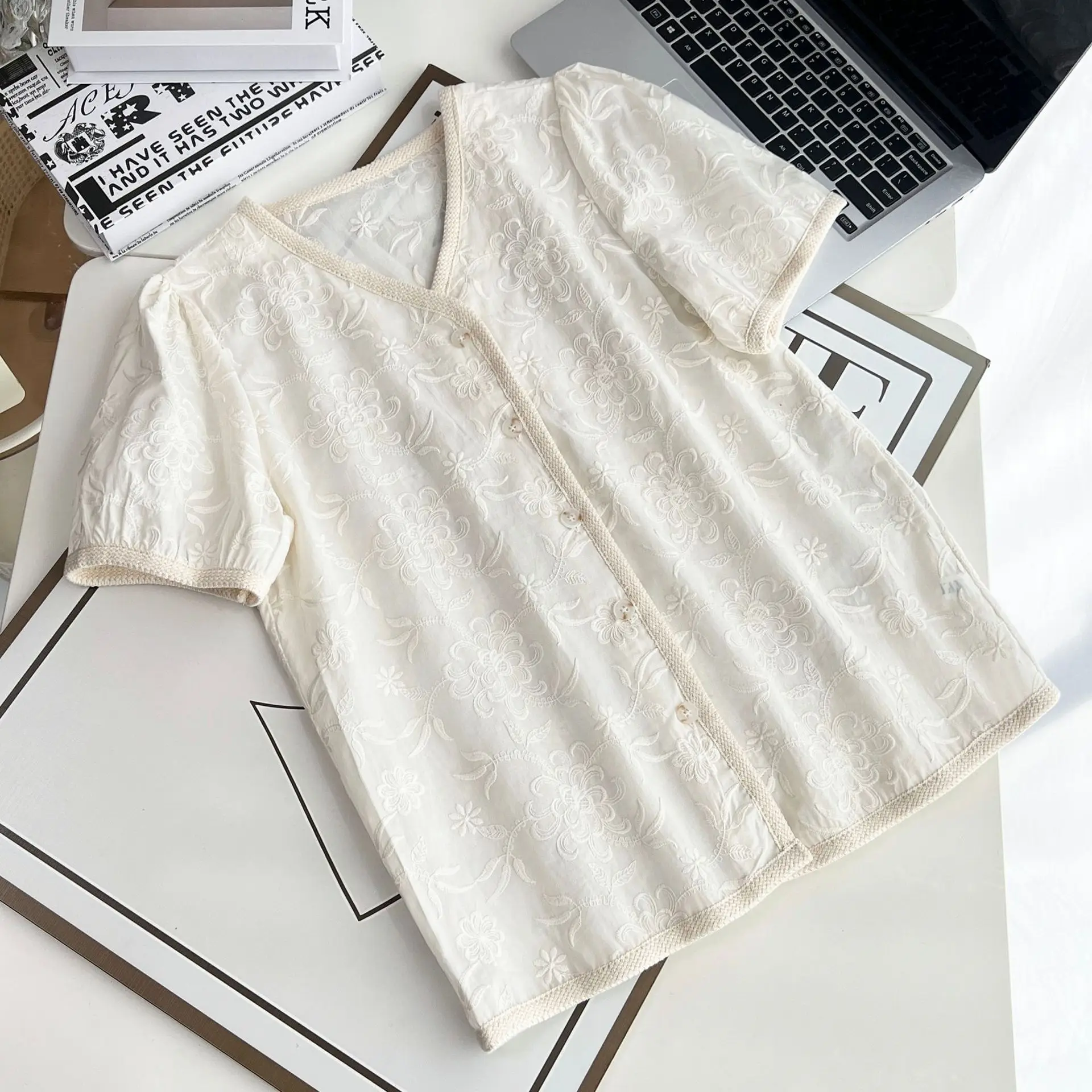 100KG Summer Plus Size Women's Blouses New Retro Chinese Style Jacquard Cotton Short Sleeved Shirt Elegant