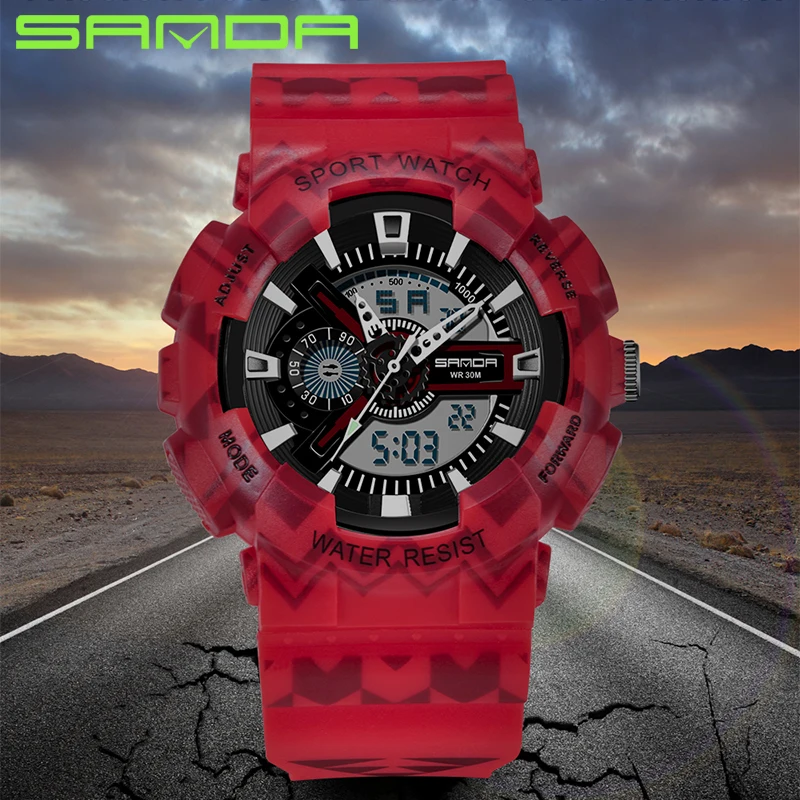 SANDA Multifunctional Dual Display Mens Watches Top Brand Luxury Sports Chronograph Watch Luminous Waterproof Watch Alarm Clock