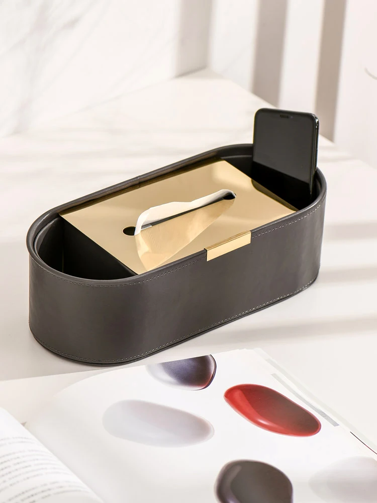 Nordic Home Tableware Light Luxury PU Leather Retro Tissue Box Desktop Storage Paper Holder With Stainless Steel Cover Kitchen 4