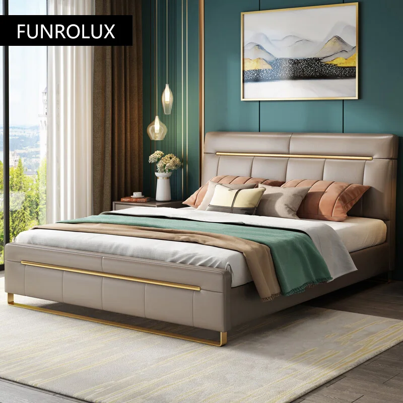 Modern bedroom minimalist bed bedroom double bed1.8M master high box marriage bed leather art soft