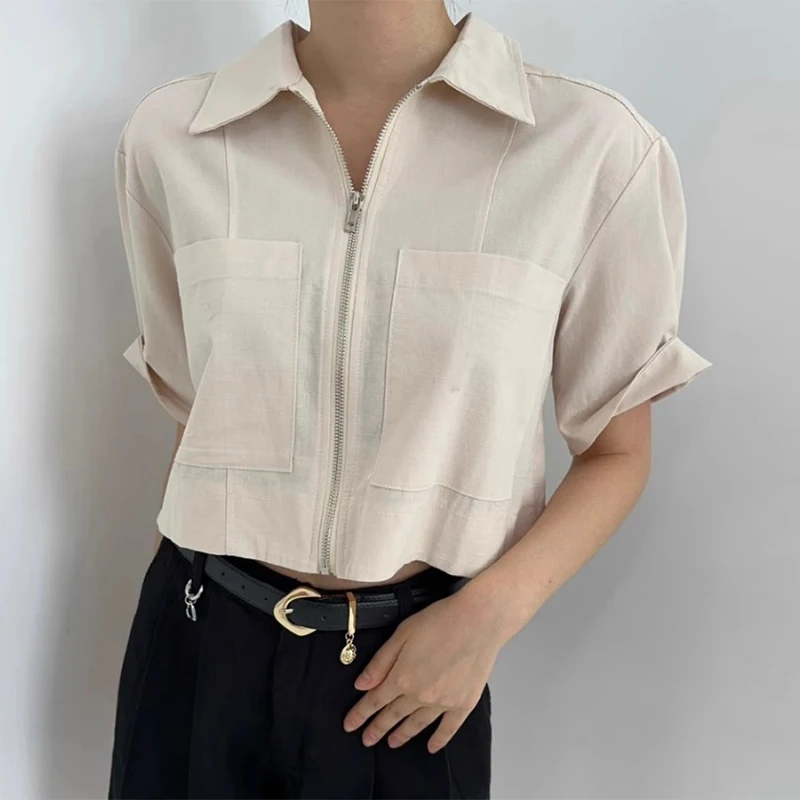 

Шикарная летняя рубашка SuperAen 2024 в Корейском стиле с отложным воротником и двумя карманами, свободная тонкая рубашка из хлопка и льна на молнии с короткими рукавами