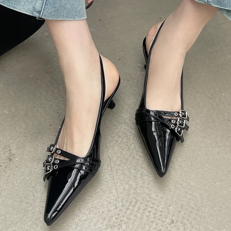 Sandals Ladies High Heels Spring Slides Shoes Fashion Women Thin Heels Shoes Buckle Strap Career Shallow Female Pumps Footwear 5