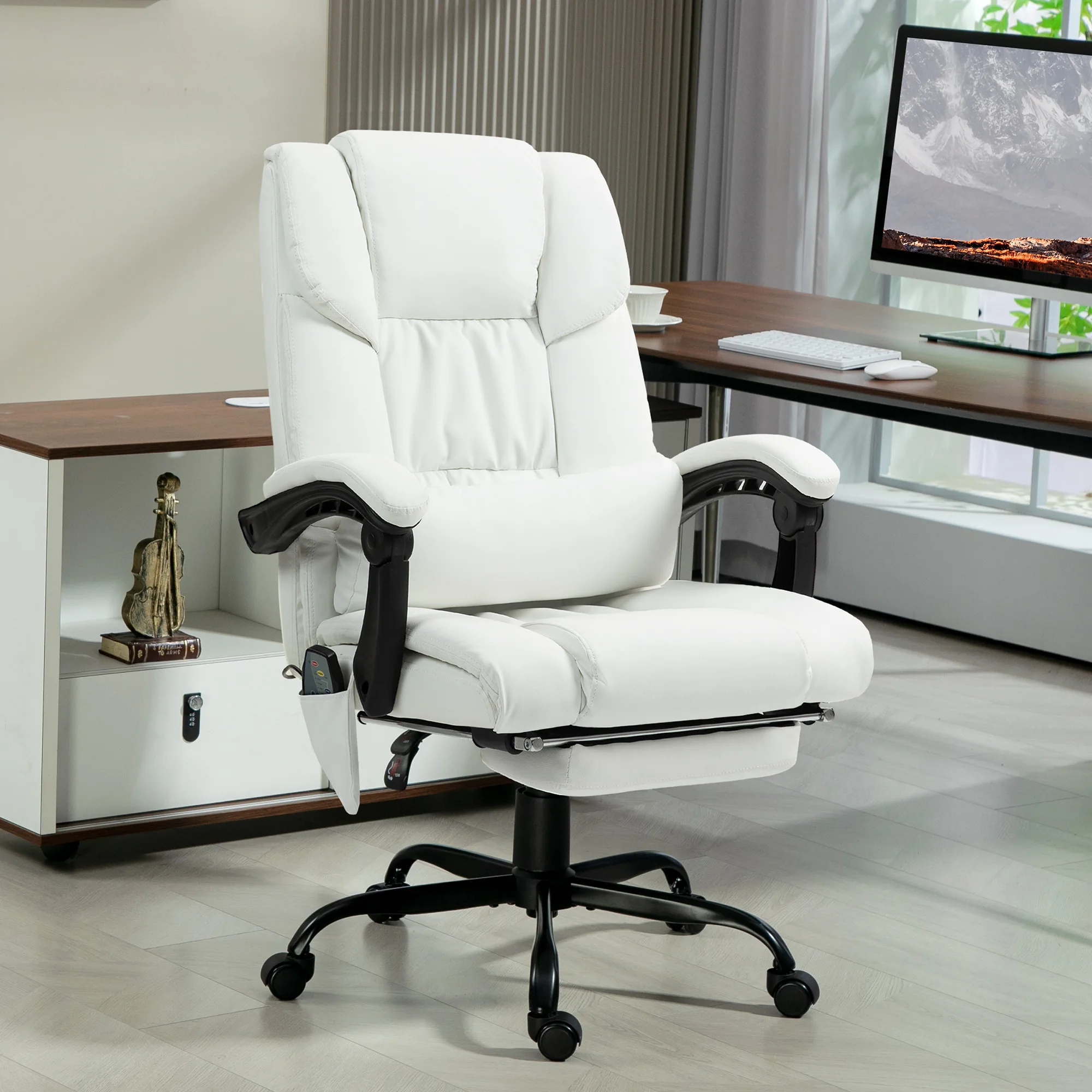 Massage Office Chair with 6 Vibrating Points, High Back Reclining Office Chair with Footrest and Remote, White 3