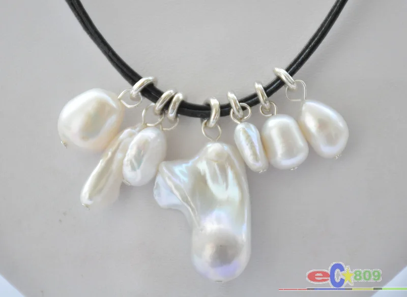 Elegant Baroque Keshi Reborn Pearl Pendant on Leather Chain - Multicolor
