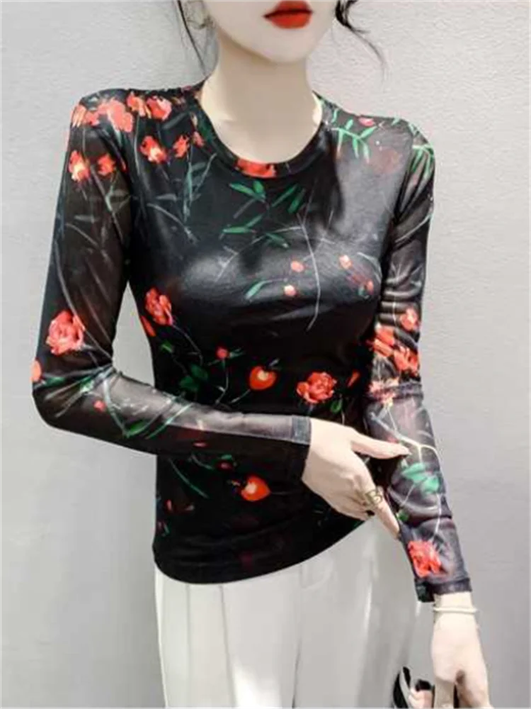 

Chic Printed T-shirt Ladies Tshirts Elastic Bottom Top For Women Autumn Winter Woman Clothes Blous O-neck Long Sleeve Femme Tees