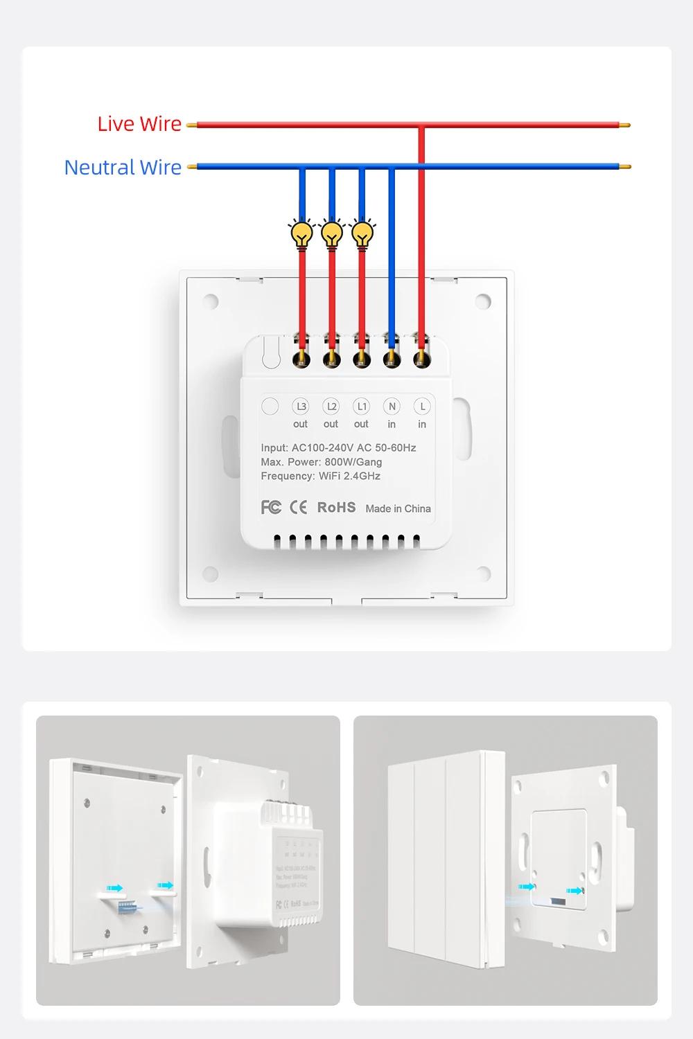 WiFi Tuya EU Smart Light Switch with Ambient Light,1/2/3/4 Gang Button Light Swi