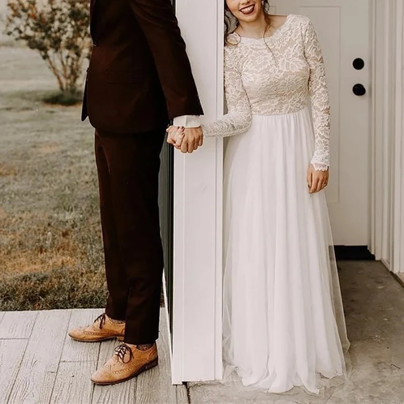 

2023 Elegant Simple Light Dress Backless Long Sleeve Round Neck A-line Lace Long Sleeve Wedding Dress White/Beige Customizable