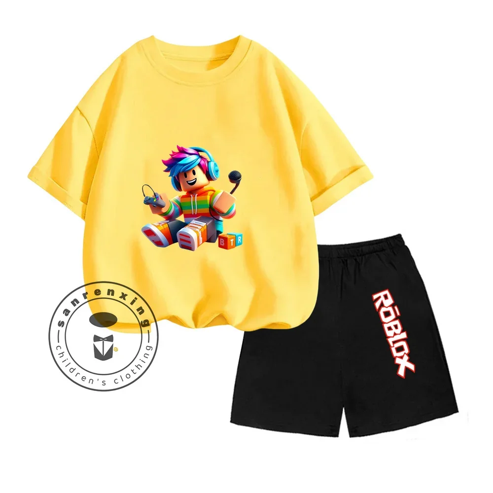 Kids 3-13 Years Old Summer Cute Roblox Games Cartoon Print Design O-neck American Short Sleeve +Fashion Letter Shorts Set 3