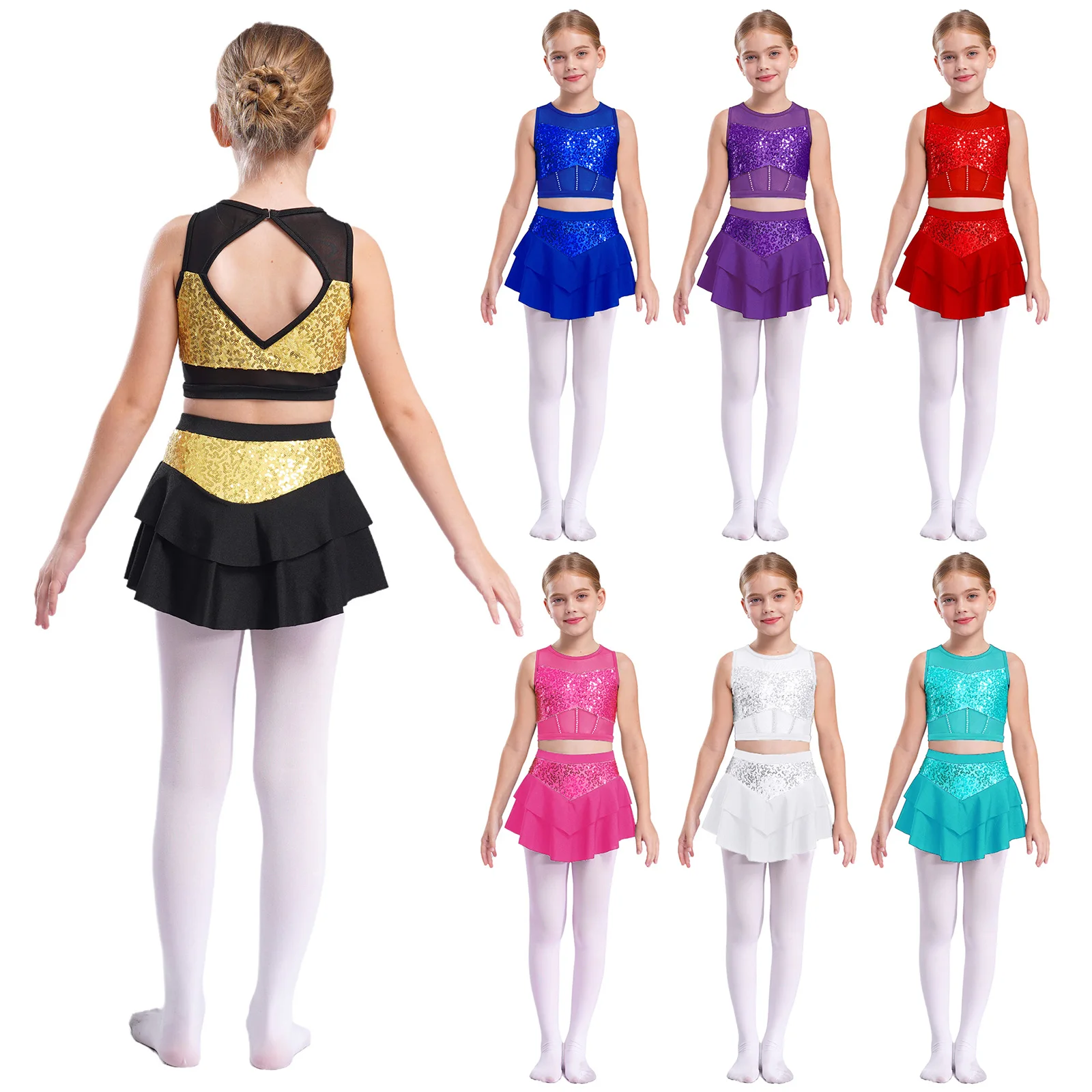 Kinder Mädchen Glänzende Pailletten Cheerleading-Uniform Cheerleader Ballett Jazz Tanz Performance-Kostüm Crop-Top mit Stufenrock für – Detail 2