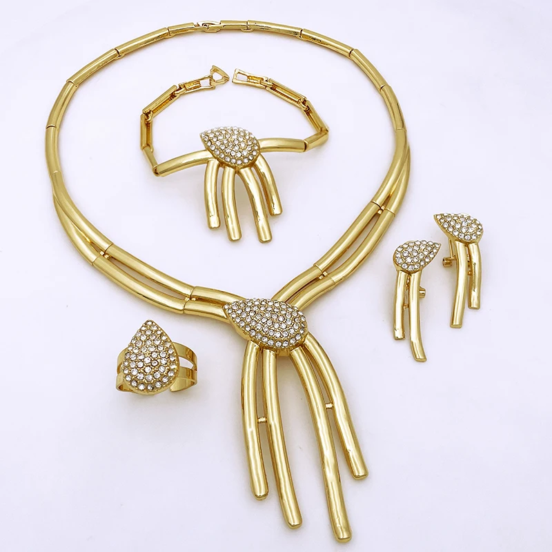 Unique Women Jewelry Set 18K Gold Plated Necklace Earring Bracelet Ring 4pcs Set Jewelry Free Shipping Wedding Party Accessories