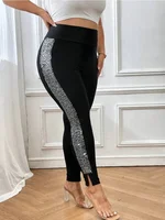 Women's Plus-size Elegant Solid Color Stretch Leggings Fashion Sequin Side Seam Slim Pants