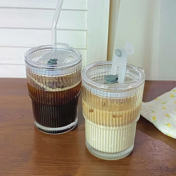 Simple Vertical Striped Glass With Lid Straw Cup Water Cup Milk Coffee Cup  375ml